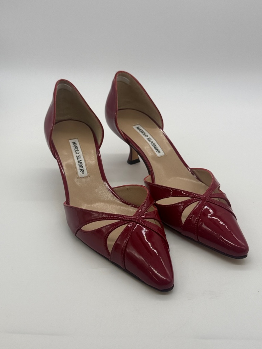 Manolo Blahnik Burgundy Patent Cutout D'Orsay Pumps